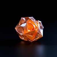 Glowing orange origami rose with geometric folds and facets illuminated from within on dark background, creating dramatic lighting and shadows for artistic display.