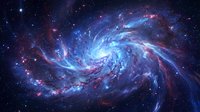 Spiral galaxy with glowing blue and purple nebula clouds swirling through deep space, surrounded by distant stars and cosmic dust formations.