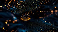 Mysterious glowing eye surrounded by flowing digital particles and golden bokeh lights against dark background creates magical cosmic atmosphere.