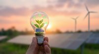 Hand holding light bulb with green plant inside against renewable energy landscape with solar panels and wind turbines at sunset for eco-friendly concepts.