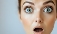 Close-up portrait of surprised woman with wide open blue-green eyes and mouth expressing shock against light background.