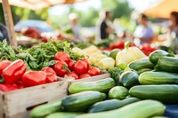 Fresh organic vegetables at farmers market stall, featuring crisp cucumbers, ripe tomatoes, and leafy greens arranged in wooden crates for local produce shopping.