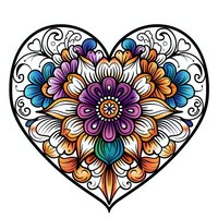 Ornate heart shape filled with colorful floral mandala design featuring purple, blue, orange, and white blooms with intricate swirls and decorative elements.