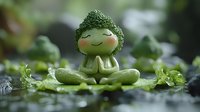 Cute green character meditating in lotus position with closed eyes and peaceful smile, surrounded by fresh herbs and water drops on dark background.