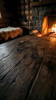 Rustic wooden table surface in close-up with warm fireplace glow, cozy cabin interior with stone fireplace and fur blanket, ideal for home decor and lifestyle content.