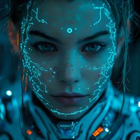 Futuristic female portrait with glowing cyan digital pattern overlay on face wearing space suit in dark atmospheric lighting with technological elements.