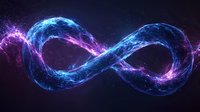 Glowing infinity symbol made of blue and purple cosmic energy streams against dark background, mystical space nebula effect creates ethereal atmosphere.
