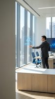 Businessman in formal suit analyzing holographic house projection on glass window in modern high-rise office with city skyline view, real estate technology concept.
