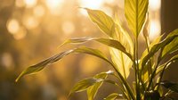 Green plant leaves illuminated by warm golden sunlight with soft bokeh background creating peaceful natural atmosphere for wellness and growth concepts.