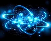 Glowing blue atomic structure with orbiting light trails and energy particles against dark background, representing quantum physics and nuclear science concept.