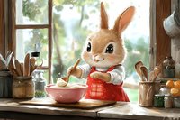 Cheerful brown bunny in red apron mixing ingredients in bowl at rustic kitchen counter with wooden utensils and glass jars near sunny window.