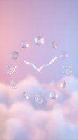 Holographic geometric shapes floating above dreamy pastel clouds in pink and purple gradient sky for modern digital art and fantasy design projects.