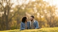 Young couple sitting on grass in park, man and woman relaxing outdoors during golden hour, casual dating and relationship lifestyle moment.