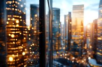 Blurred urban cityscape through rain-covered window at sunset, with glowing bokeh lights and modern skyscrapers creating atmospheric golden hour ambiance.