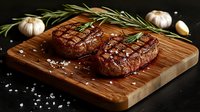 Juicy grilled beef steaks on wooden cutting board with rosemary, garlic and sea salt. Dark moody food photography for restaurant menu design.