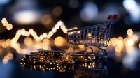 Shopping cart on reflective surface with glowing fairy lights creating magical bokeh effect in background, conveying retail and holiday shopping atmosphere.