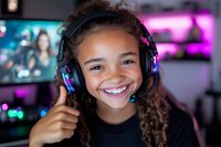 Young African American girl gamer wearing headphones shows thumbs up while streaming and playing video games, with colorful gaming setup and LED lights in background.