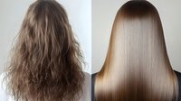 Before and after hair transformation showing frizzy, unmanaged curls compared with smooth, straight, glossy brunette hair styled with professional treatment.