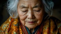 Serene elderly Asian woman with closed eyes and gentle smile wearing traditional orange and red patterned clothing, expressing peace and wisdom against dark background.