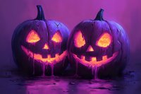 Glowing carved pumpkins with dripping neon effect against purple background create spooky Halloween atmosphere, jack o lanterns with melting light features.