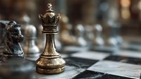 Golden queen chess piece on classic board with knight in foreground, shallow depth of field creating strategic game atmosphere.