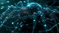 Digital spider made of glowing blue network connections and dots on dark background represents artificial intelligence and cybersecurity concepts.