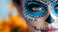 Close up portrait with traditional Mexican sugar skull face paint featuring turquoise details, dramatic eye makeup and dotted patterns against blurred orange background.