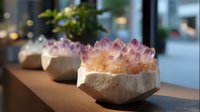 Raw amethyst crystal clusters in white ceramic bowls arranged on wooden surface with soft bokeh background create serene zen atmosphere for spa and meditation spaces.