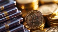 Golden cryptocurrency coin with bitcoin symbol among stacked coins on reflective surface with warm bokeh lights in background, macro financial concept.