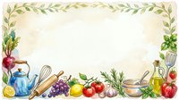 Watercolor kitchen frame with vegetables, fruits, herbs and cooking utensils on white background, forming a decorative border for recipes.