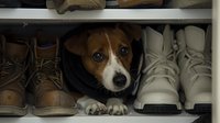 Curious Jack Russell terrier puppy peeking through shoes in closet, hiding between brown boots and white sneakers, displaying playful expression and alert eyes.