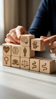 Professional arranging wooden blocks with healthcare and wellness symbols representing holistic medicine and mental health concepts.