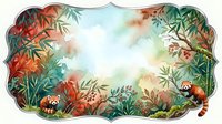 Watercolor frame with red pandas among bamboo and autumn foliage, soft pastel background with copy space for text or design.