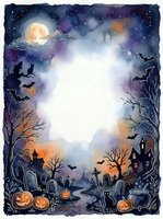 Halloween watercolor frame with spooky cemetery, haunted house, flying bats, carved pumpkins and full moon creating atmospheric border for seasonal designs.