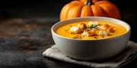 Creamy pumpkin soup with herbs in white bowl on rustic wooden table with fresh orange pumpkin in background for autumn seasonal cooking and comfort food recipes.