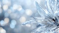 Sparkling crystal flower petals with frost and ice details against blurred bokeh background in silver and blue tones, creating magical winter atmosphere.