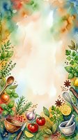 Watercolor cooking frame with fresh herbs, vegetables, and kitchen utensils surrounding white center space. Culinary background for recipe blogs, food menus, cooking classes, and restaurant designs.