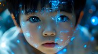 Young Asian child face with blue digital technology overlay and glowing circuit patterns projected on skin in futuristic cyberpunk style lighting.