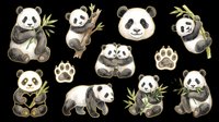 Adorable panda collection featuring cute bears in various playful poses with bamboo branches, isolated on transparent background. Ready for t-shirts, stickers, clipart, sublimation, and print-on-demand designs.