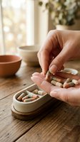 Person holding herbal supplement capsules over wooden bowl on table with tea cups and plants, wellness and natural health concept for lifestyle and nutrition.