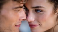 Young romantic couple in tender intimate moment, close up portrait showing gentle facial expressions and emotional connection against soft blurred background.