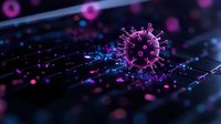 Microscopic virus cell on dark background with glowing pink and blue particles, scientific visualization showing detailed molecular structure and protein spikes.