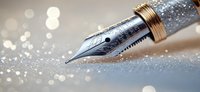Elegant fountain pen nib with ornate engravings on metallic surface against sparkling bokeh background, capturing luxury writing instrument macro detail.