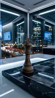 Wooden chess queen piece on marble board in modern office with city skyline view, neon lights, and digital screens for business strategy and leadership concepts.