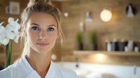 Young Caucasian female healthcare professional or spa specialist with blonde hair in white uniform smiling warmly against blurred salon interior with orchids.