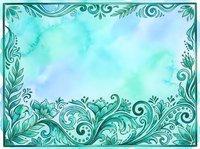 Turquoise watercolor background with ornamental botanical border frame, featuring decorative flourishes and leaf motifs for design projects.