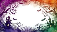 Halloween frame with spooky haunted houses, flying bats, decorative swirls and gradient background for seasonal designs and party invitations.