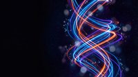 Abstract DNA double helix structure with glowing neon light trails in blue and orange colors on dark background for science and technology concepts.
