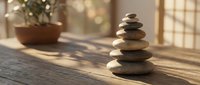 Zen stone stack on wooden surface with soft natural lighting and plant in background creating peaceful meditation atmosphere for wellness and mindfulness practices.