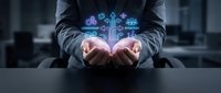 Business professional presenting digital leadership concept with glowing icons and cross symbol above open hands in modern office environment.